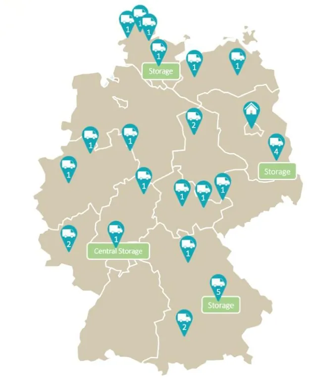 Karte der Servicestandorte von Blueray Services in Deutschland